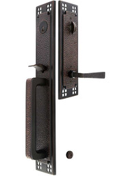 Arts and Crafts Long-Plate Entry Door Set with Choice of Interior Knob or Lever with Hammered Lever - Left-Handed in Oil-Rubbed Bronze.
